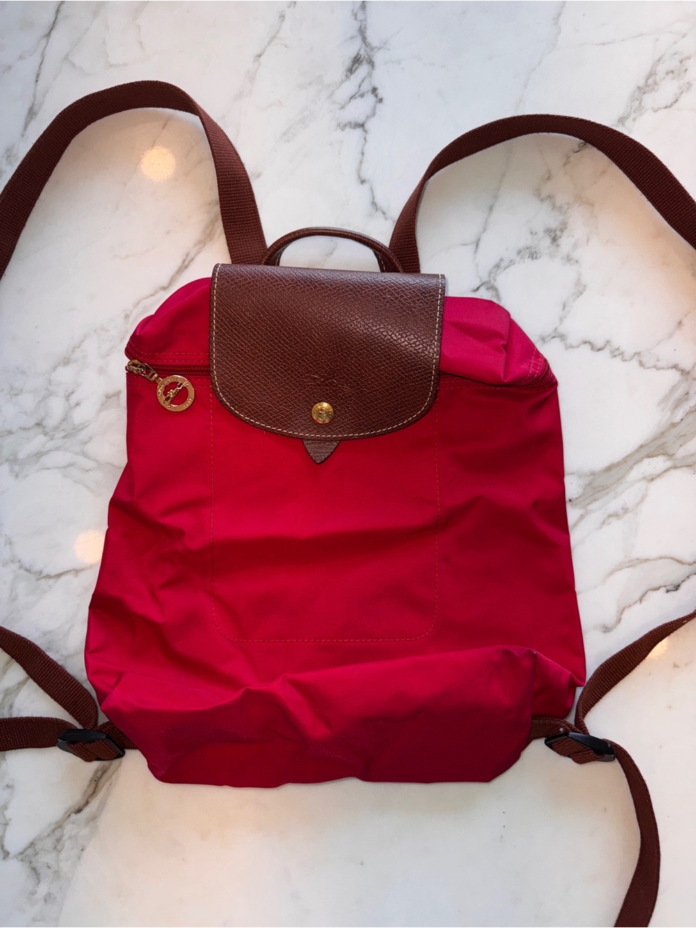 Longchamp pink nylon backpack with brown leather flap
